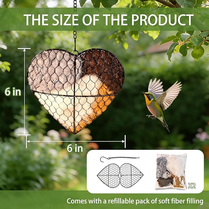 Bird Nesting Material Holder, Handmade Fiber Bird Nesting Heart with Refillable Material for Wild Bird, Hummingbird Houses Outdoor Garden Decoration Outside Gifts for Birds Lovers
