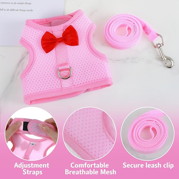 Bunny Harness and Leash Set, Soft Breathable Mesh Rabbit Leash Vest with Safety Buckles, Lightweight Escape-Proof Walking Gear for Rabbits, Kittens, Ferrets, Guinea Pigs, Pink M