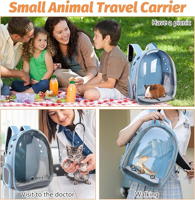 kathson Bearded Dragon Carrier with Harness and Leash Set, Large Reptile Travel Carrier Portable Lizard Backpack Clear Small Animals Carrying Bag for Gecko Hamster Rabbit Hedgehog Kitten (Blue)