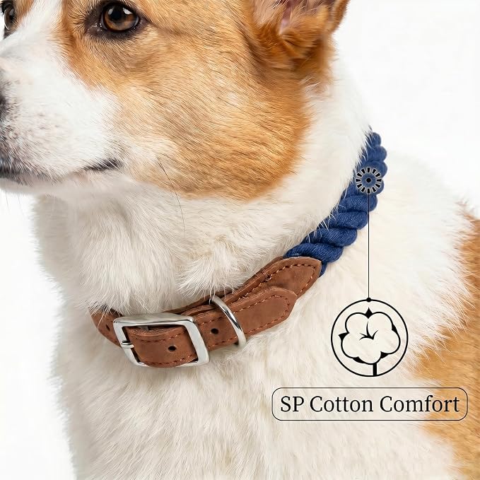 Mile High Life Genuine Leather Dog Collar, Durable Braided Cotton Rope Collar with Metal Pin Buckle for Small Medium Large Dogs (Navy Blue, L Neck 17"-21")