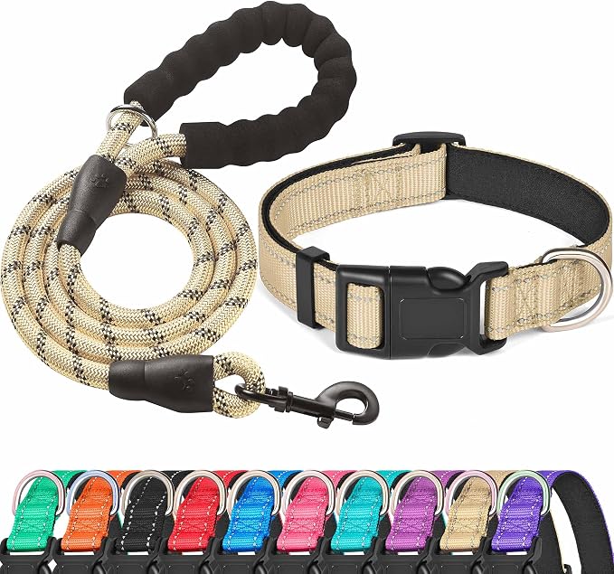 Ladoogo Reflective Dog Collar Padded with Soft Neoprene Breathable Adjustable Nylon Dog Collars for Small Medium Large Dogs (Medium (Pack of 1), Vanilla Collar+Leash)