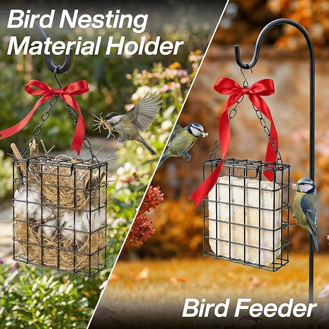 Bird Nesting Material Holder, Pet Fur Bird Nest Holder, with Jute Fiber & Red Ribbon to Attract Wild Birds, Reusable Bird Nesting Holder for Nest Building