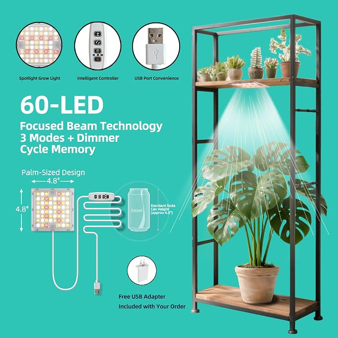 Under Shelf Grow Light, Stick On LED Plant Light, Indoor Plants with Timer | USB Powered Under Cabinet Grow Light, Full Spectrum 3500K High PPFD Puck Light for Shelves, Terrarium & Indoor Plants