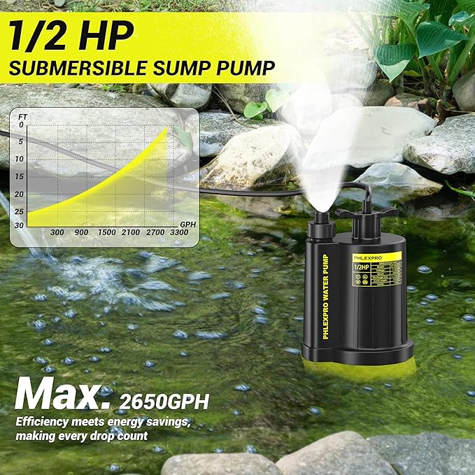 Sump Pump 1/2HP Submersible Water Pump, 2650GPH Utility Pump Thermoplastic Electric Portable Transfer Pump for Swimming Pool Garden Pond Basement with 16.4ft Long Power Cord