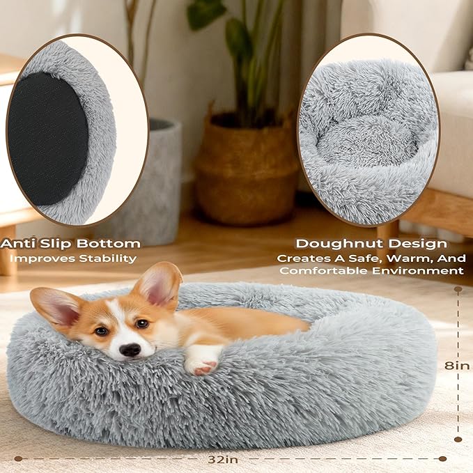 Calming Extra Large Donut Dog Bed, Round Soft Fluffy Plush Faux Fur Anti-Anxiety Washable Anti-Slip Pet Bed for Large Size Dog and Cat 32in Gray