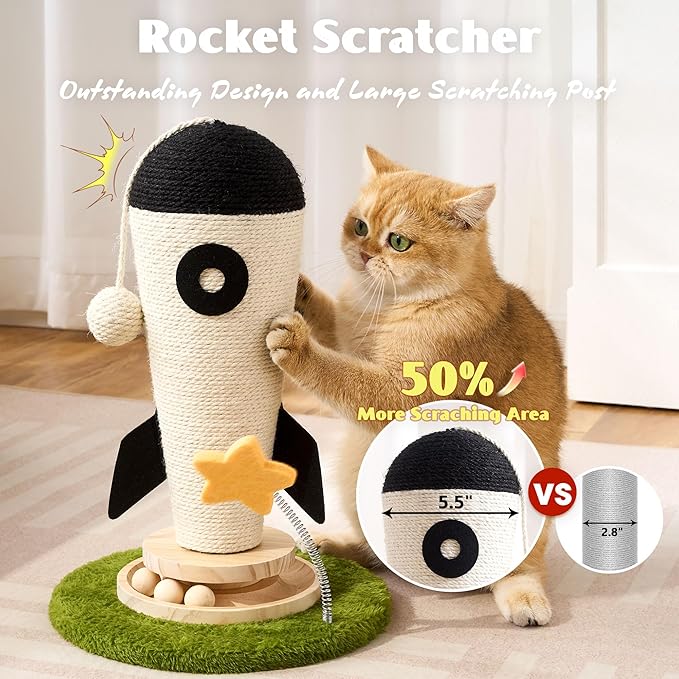 Cat Scratching Post, Rocket Cute Sisal Cat Scratcher with Durable Solid Wood Turntable Toy, Cat Scratch Post Red Cat Scratcher with Spinning Star Toy for Indoor Adult Cats