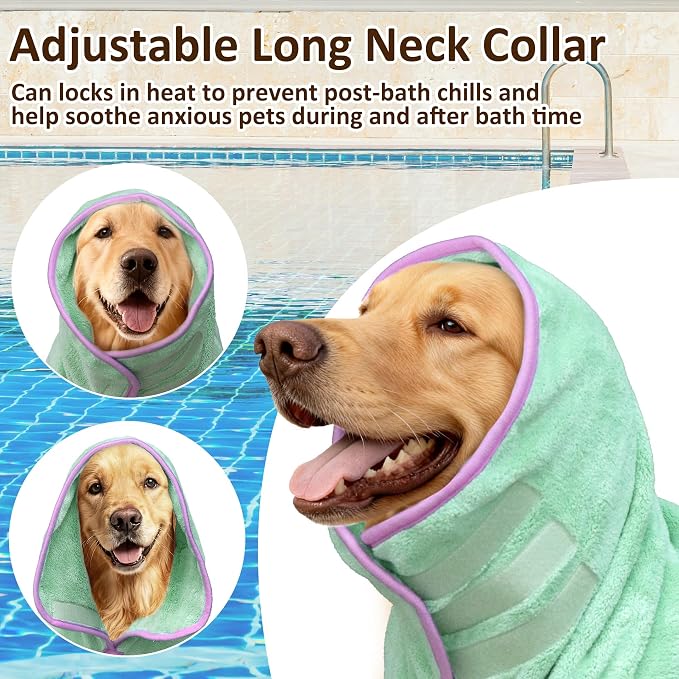 Soft Dog Bathrobe Fast Drying Dog Coat, Super Absorbent Dog Towels for After Bath, Microfiber Pet Robe Adjustable Collar & Belly Warm Keeping Dogs Coat for Pet Dogs & Cats (Green, XX-Large)
