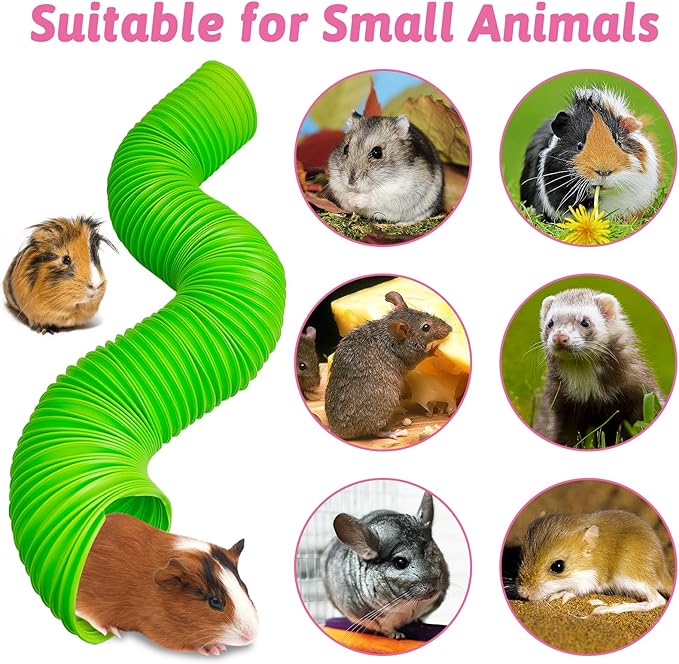 Hamiledyi 2 Pack Hamster Fun Tunnels, Guinea Pigs Plastic Tube, Hamsters Foldable Exercising Training Hideout Tunnel & 2 Pack Grass Balls, Small Animals Toys for Chinchillas Gerbils Ferrets(Green)