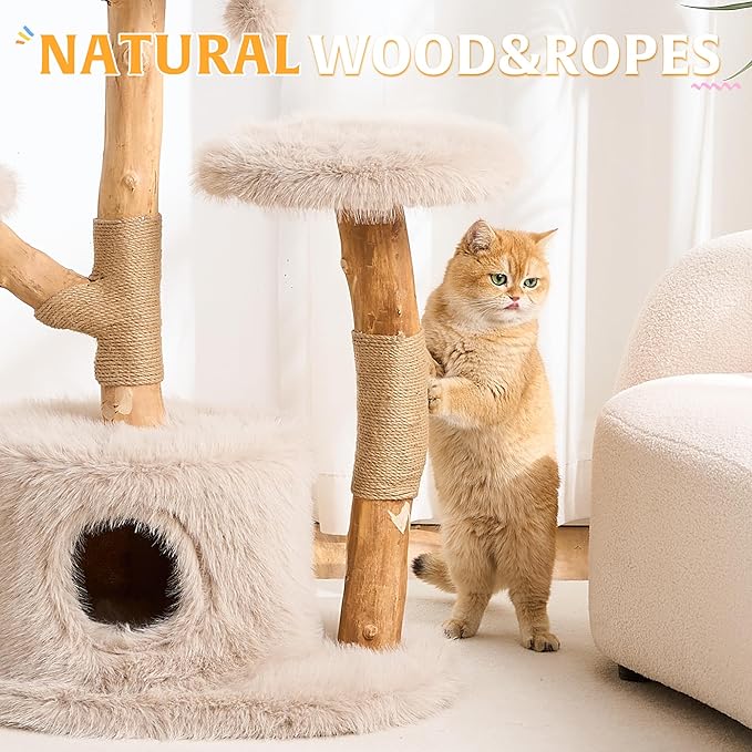 HITTITE Natural Wood Cat Tree Tower with Scratching Post, 40 Inches Tall Modern Cat Tower with Cozy Bed and Condo, Luxury Real Branch Cat Tree for Indoor Cats Large Adult, Khaki.