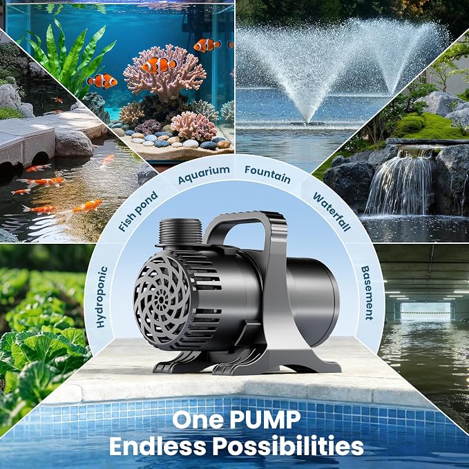 100W 1600 GPH Pond Pump, Ultra Quiet Heavy Duty Submersible Water Pump for Koi Ponds, Fountains, Aquariums & Waterfalls, Submersible & Inline Use, 20.3 ft Power Cord, Includes Filter Bag