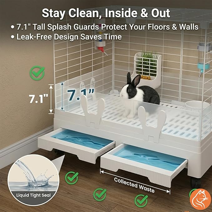 Oneluck Rabbit Cage Indoor,Loft Bunny Hutch with Urine-Proof Wall,Leak-Proof Trays, Wheels 28.7" L x 18.1" W x 25.6" H for Rabbits Chinchillas, Guinea Pig and Small Animal (Small)