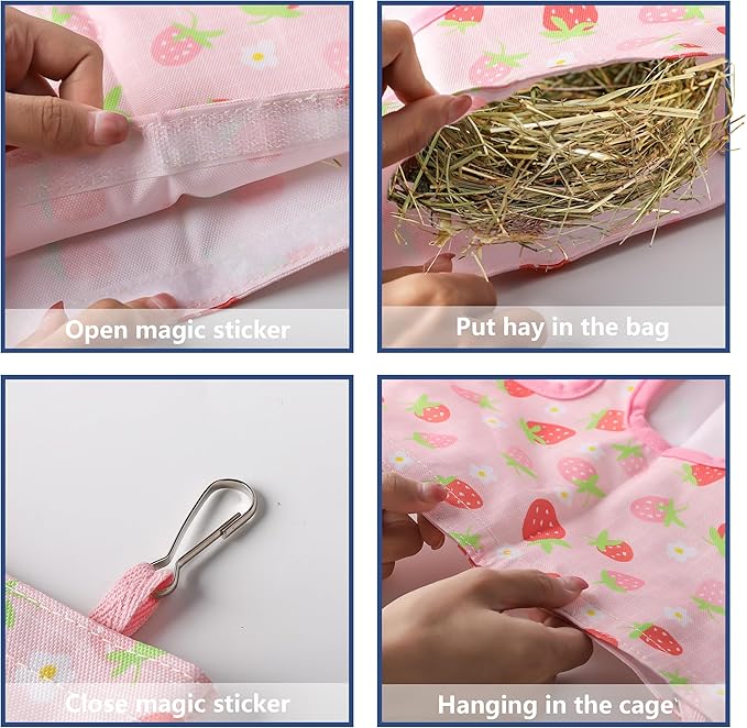 Lesnala 2pcs Bunny hay feeder Rabbit hay feeder bag Hanging guinea pig hay bag Large capacity cotton canvas fabric hay bag for Rabbits Bunny Chinchillas Hamsters and Other Small Pets(3 Holes,2 styles)