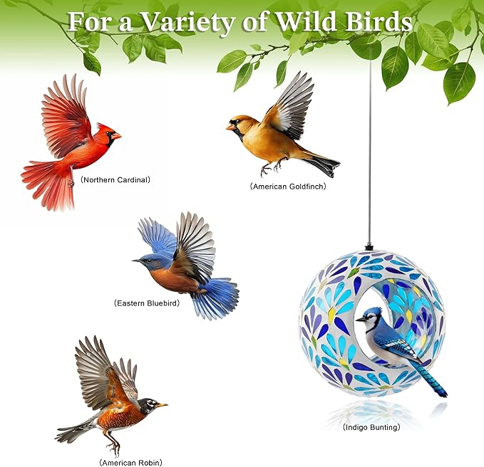 VOREEN Mosaic Glass Bird Feeder, Handcrafted Hanging Fly-Through Feeder for Outdoor Garden & Backyard, Decorative Wild Bird Feeder with Steel Wire Cable – Cool Blue Leaf Mosaic Style