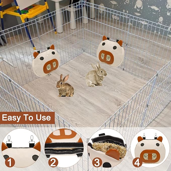 Rabbit Hay Feeder Bag, Hay Feeder for Guinea Pig Timothy Hay Feeder Dispenser Storage with 2 Hanging Hooks for Bunny Small Animal Cage Mess Free (Brown)