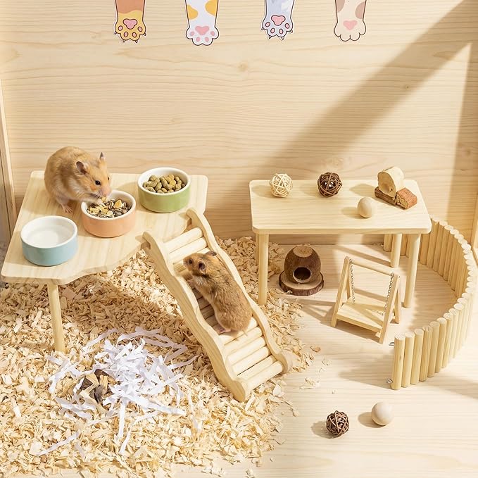 BreezeHug 4 Pcs Hamster Platform Hideout Wooden Tunnel Ladder Playhouse Hamster Game Climbing Toy with Platform Cage Accessories for Pets Dwarf Syrian Mice Degus Gerbils Squirrel(Climber)