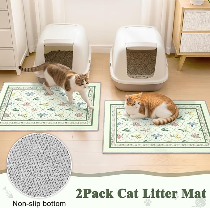 Bienbee Cat Litter Mat, 2PCS 33"x22" Machine Washable Litters Box Mats Non-Slip &Waterproof Cat Litters Trapping Mats Easy to Clean Mat for Litter Box Less Waste Protects Floors Bean Green Branch L