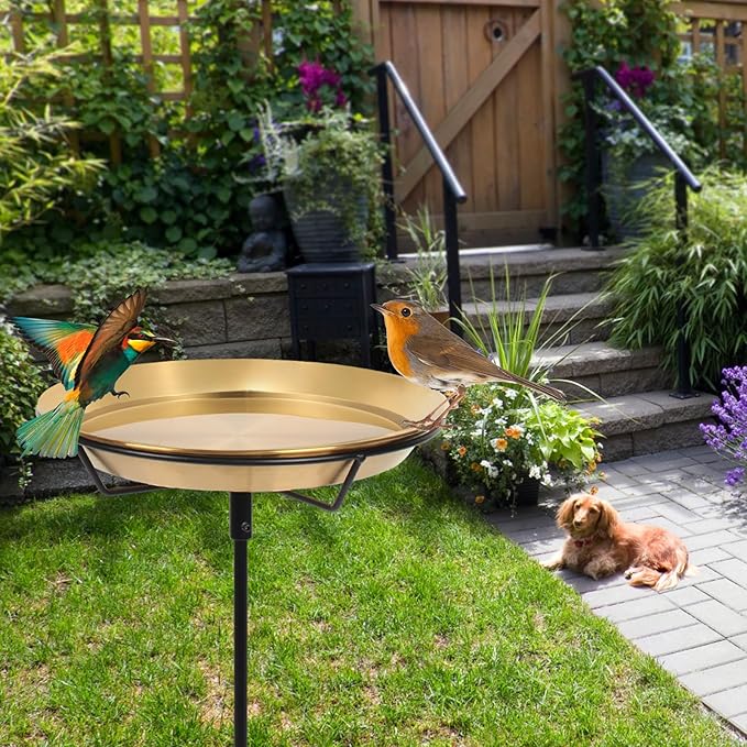 HRAYLTOP Standing Bird Bath Bird Feeder Bowl with 29.1 inch Iron Stand - Detachable Outdoor Decor for Garden Backyard Patio and Deck - Perfect for Attracting Birds