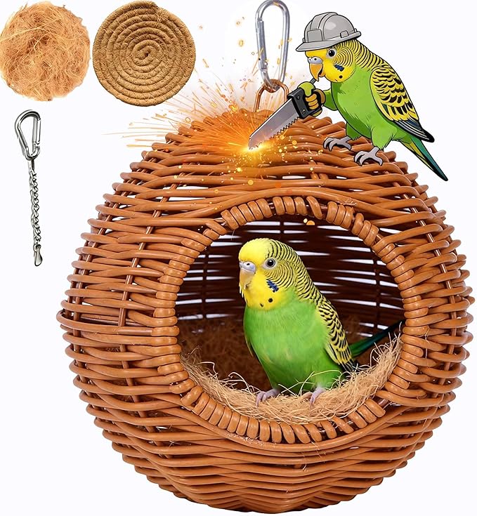 Parakeet Nest Bird Cage Accessories, Chew-Proof Steel Frame & Washable Small Bird Hanging Bed for Lovebirds, Canaries, Budgies 、Lizards, Hamsters(Brown, 6.3"x6.3"x7.5")