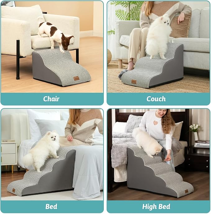 COZY KISS Dog Stairs for Small Dogs 15.7" H, Curved Dog Step for Puppy, Older Cat, Medium Pet Ramp for Sofa, Couch or Chair, Ladder with High Density Foam, 3 Step, 15.7x22.4x15.7 inch, White Black