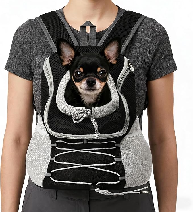 Dog Carrier Backpack for Small Dogs 2-15 lbs, Breathable Front Chest & Back Pet Carrier, Puppy Backpack with Safety Tether for Hiking Walking, Shoulder Bag for Dog, Black Grey (L)