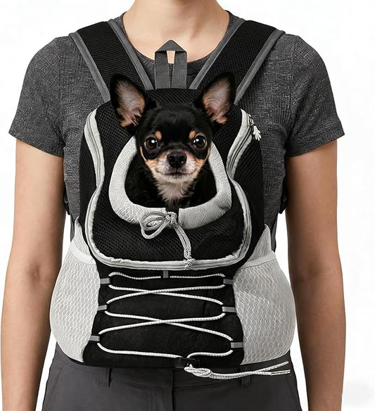 Dog Carrier Backpack for Small Dogs 2-15 lbs, Breathable Front Chest & Back Pet Carrier, Puppy Backpack with Safety Tether for Hiking Walking, Shoulder Bag for Dog, Black Grey (L)