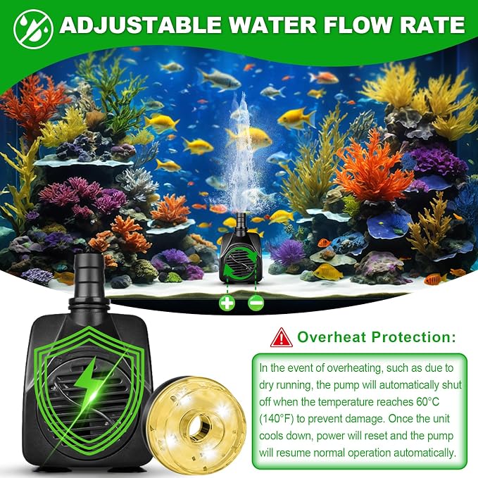 15W 800L/H Submersible Pond Fountain Pump with LED Lights, Ultra Quiet Water Pump, Pond Fountain Pumps for Small Pond, Garden, Aquarium, Fish Tank, Indoor Outdoor Fountain 3 Type Nozzle (Warm)