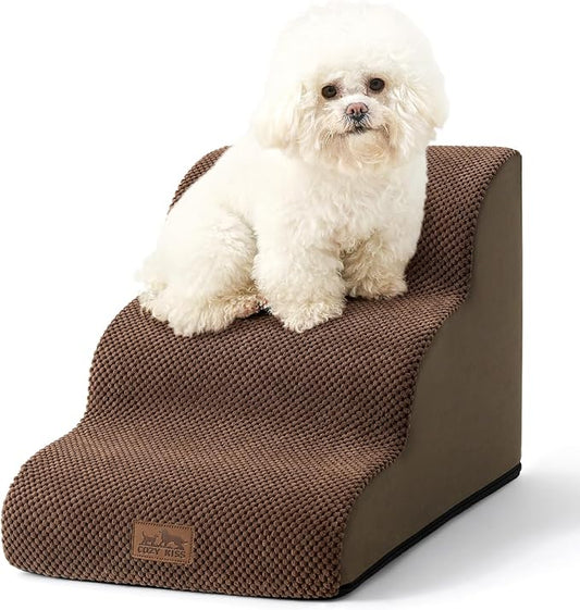 COZY KISS Dog Stairs for Small Dogs 15.7" H, Curved Dog Step for Puppy, Older Cat, Medium Pet Ramp for Sofa, Couch or Chair, Ladder with High Density Foam, 3 Step, 15.7x22.4x15.7 inch, Brown