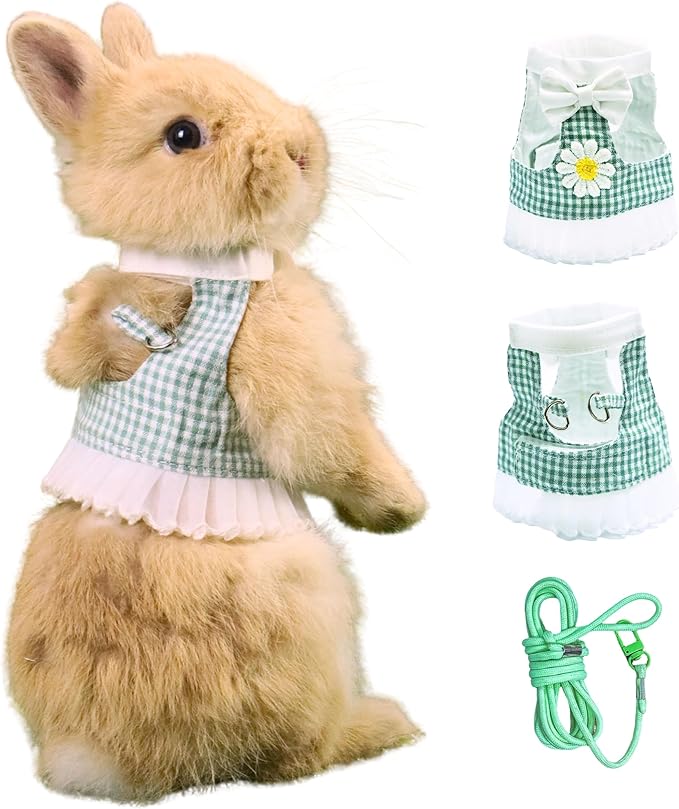 SMOLKITH Rabbit Clothes - Bunny Adjustable Checkered Dress with Leash, Small Animal Apparel for Walking - Fits Guinea Pigs, Chinchillas, Meerkats, Prairie Dogs, Pet Rats (Green Mini Gingham Dress)