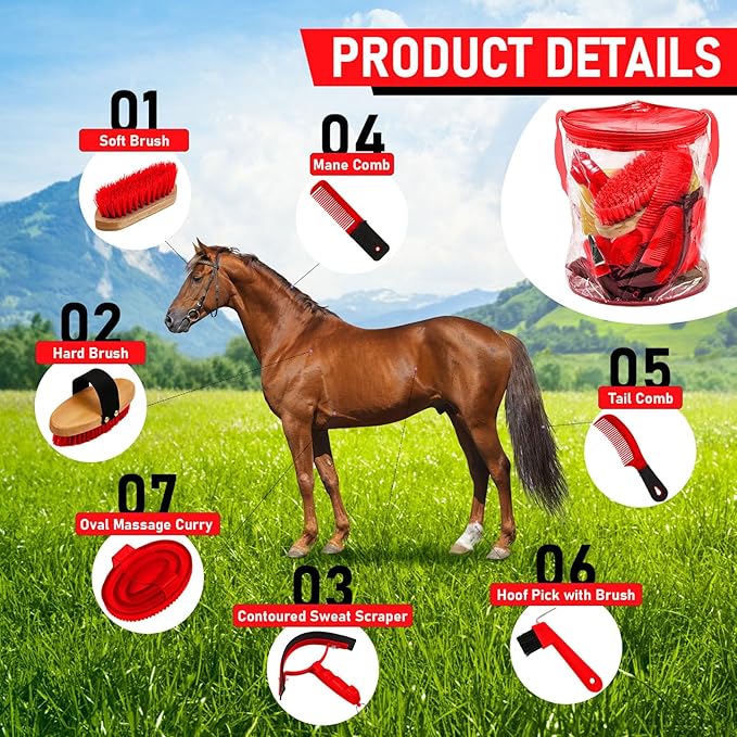 Cunhill 9 Pcs Horse Grooming Kit Tack Room Supplies Set with Tote Bag, Oval Massage Curry, Hard and Soft Brush, Hoof Pick, Sweat Scraper, Bathing Sponge, Comb for Horse Rider(Cute,Red)