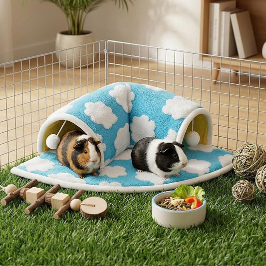 Avont Guinea Pig Hideout Tunnel Bed, Large Washable Hideaway House with Play Tunnel for Small Animals, Chinchillas Hamsters Chipmunks Dwarf Rabbits Rats -Cloud