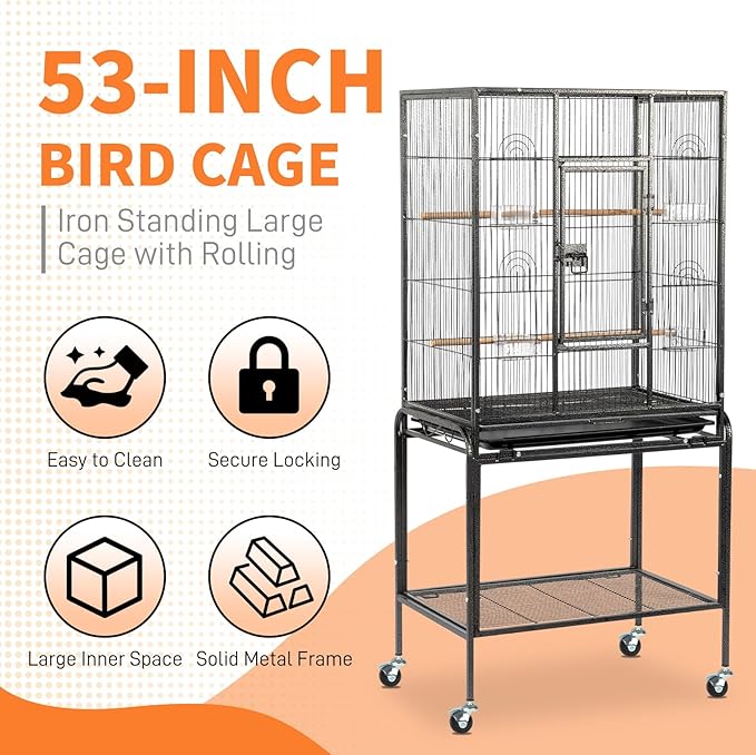 53 Inch Wrought Iron Large Bird Cage,53" Large Flight Bird Cage with Rolling Stand & Storage Shelf for Parrots Lovebird Cockatiel Parakeets, Black