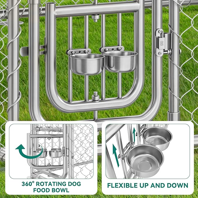 YITAHOME 10'x10' Outdoor Dog Kennel with Rotating Feeder Bowls, Outdoor Dog Enclosure with Roof, Heavy Duty Dog Cage for Large Dogs
