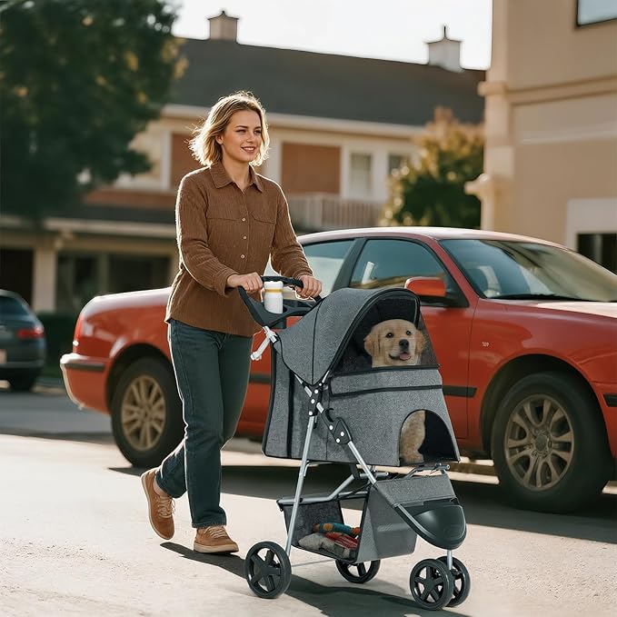 Pet Stroller for Small Dogs 10 lbs, Dog Stroller for Medium Dogs 30 lbs, Cat Strollers for 2 Cats, 3 Wheels Foldable Jogger Puppy Stroller with Storage Basket and Cup Holder, Grey