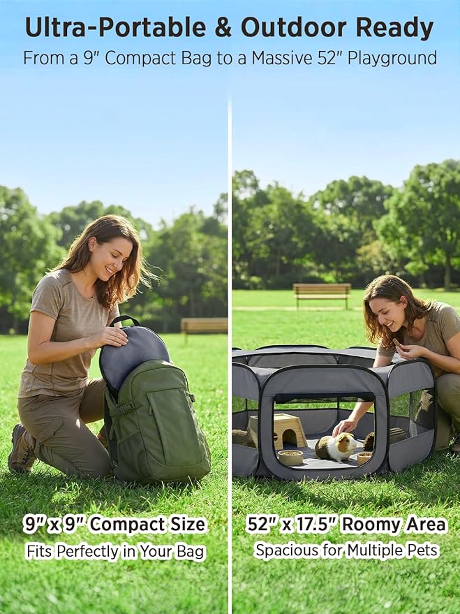 UWE Extra Large Small Animal Playpen, XL Portable Pet Playpen for Rabbit, Kitten, Guinea Pig, Hamster, Puppy – Waterproof Foldable Mesh Tent with Zipper Cover, Indoor Outdoor Use, Dark Grey
