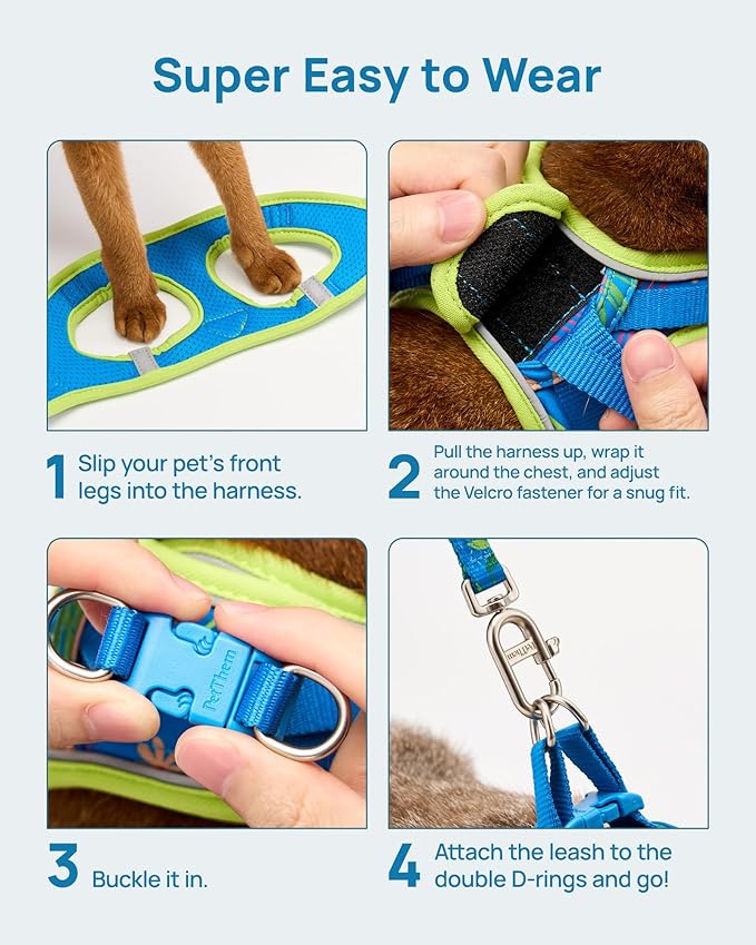 PetThem Upgraded Cat Harness and Leash Set - Step-in Escape Proof Adjustable Cat Harness, Comfortable Soft Lightweight, Reflective Harness for Walking, Travel, Camping (Hawaii Green, L)