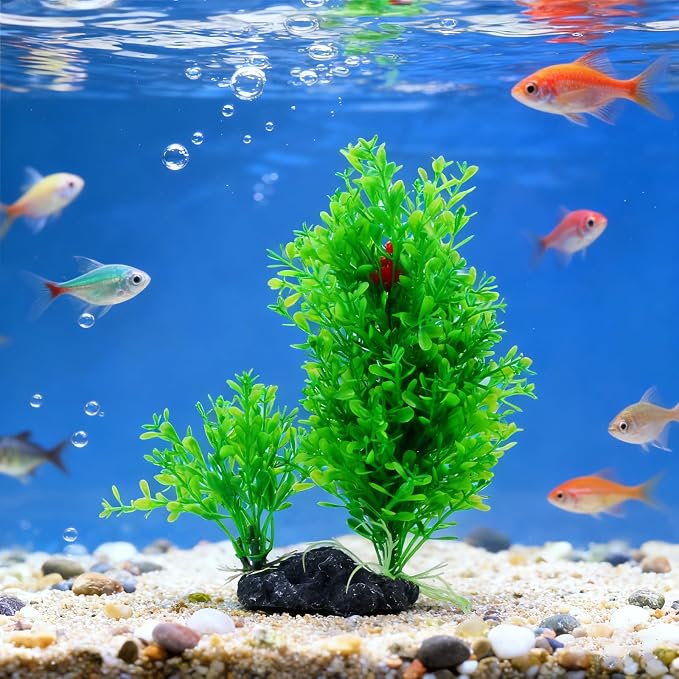 PINVNBY Artificial Aquarium Plants Decorations,Plastic Fish Tank Plant with Base Set Betta Fish Tank Accessories(Green)