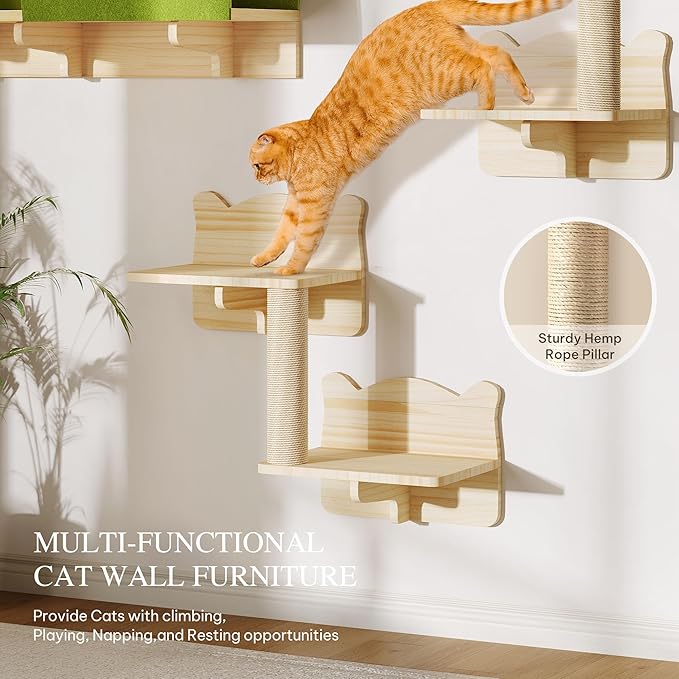 Cat Wall Shelves with Tunnel, 7-in-1 Solid Wood Wall Mounted Cat Furniture with Scratching Post, Cave & Steps, Multi-Level Cat Climbing Wall Systems, Space Saving, Floating Cat Shelves