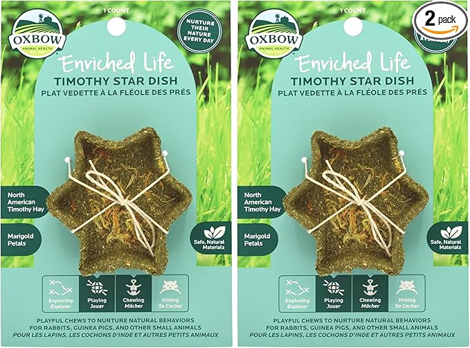 Oxbow Enriched Life Timothy Star Dish, Timothy Hay Chew, Small Animal Toy for Rabbits, Guinea Pigs, Hamsters, Gerbils, and Chinchillas, Enrichment Accessory, Safe Chew Toy, Hay Play Dish (Pack of 2)