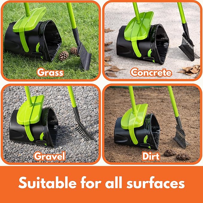 Pupzle Dry & Wet Dog Pooper Scooper with Bag Attachment, 40" Long Handle Pooper Scooper for Large Dogs, Dog Poop Scoop for Yard, Large Capacity Swivel Bin and Rake, 75 Bags, Patent Pending