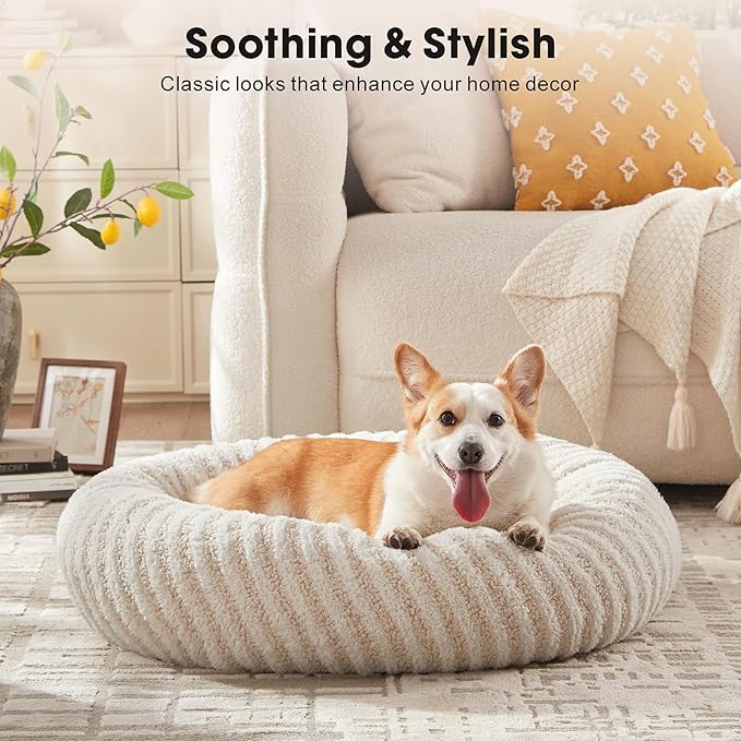 MIXJOY Dog Beds for Small Dogs, Washable Dog Bed with Removable Cover, Small Cat Bed for Indoor Cats, Calming Soft Dount Pet Beds with Anti Slip Bottom, Cute Puppy Beds, 23"x23"x8", White