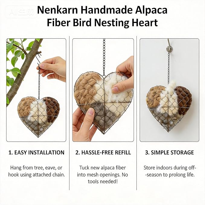 Handmade Alpaca Fiber Bird Nesting Heart - Weather Resistant Wild Bird Nesting Material Holder with Refillable Soft Fibers and Hanging Chain for Hummingbirds, Finches & Wrens (7.1*7.1*2.8in)