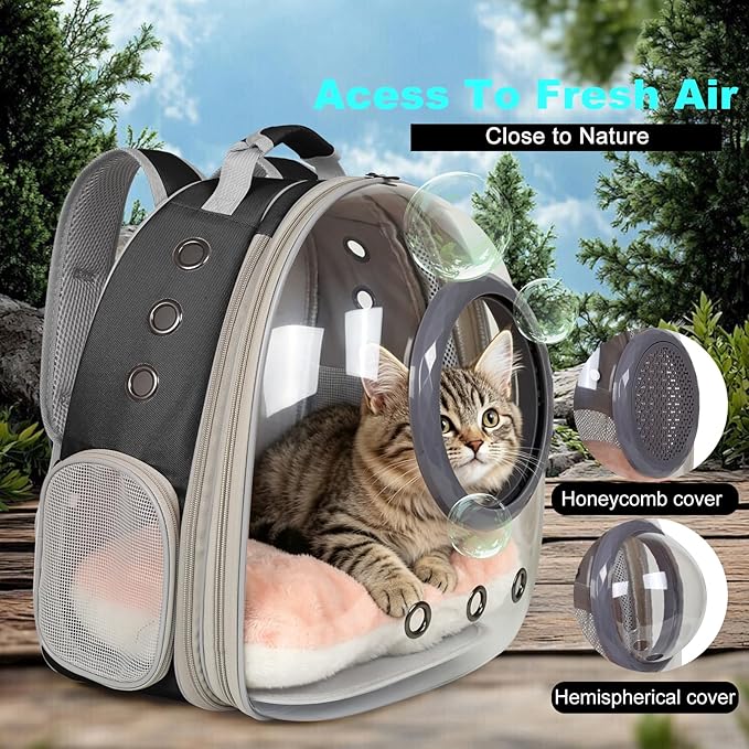 Front Extension Cat Backpack Carrier, Pet Travel Backpack for Kitten and Small Dogs, Clear Bubble Window Space Capsule Astronaut Liked Portable Vet Visit Book Bag Airline Approved