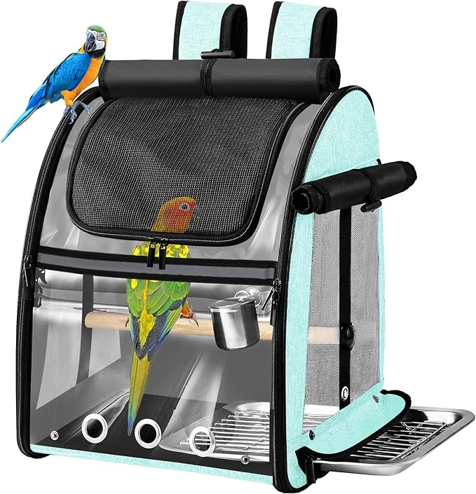 Bird Carrier Bag with Indestructible Stainless Steel Mesh, Bird Travel Cage with Stand, Easy to Clean Backpack for Parrot, Portable Bird Travel Bag, Green