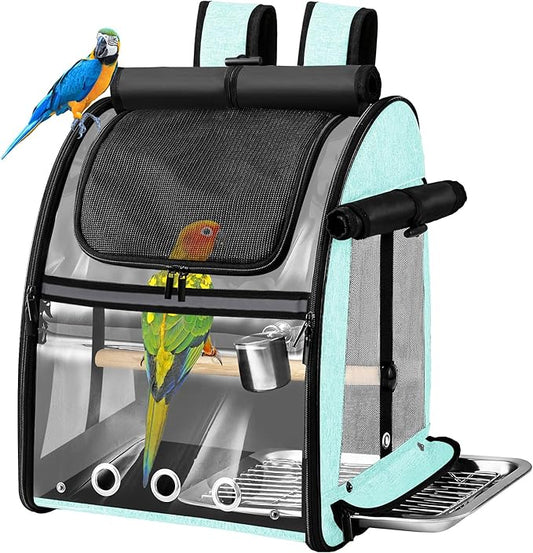 Bird Carrier Bag with Indestructible Stainless Steel Mesh, Bird Travel Cage with Stand, Easy to Clean Backpack for Parrot, Portable Bird Travel Bag, Green