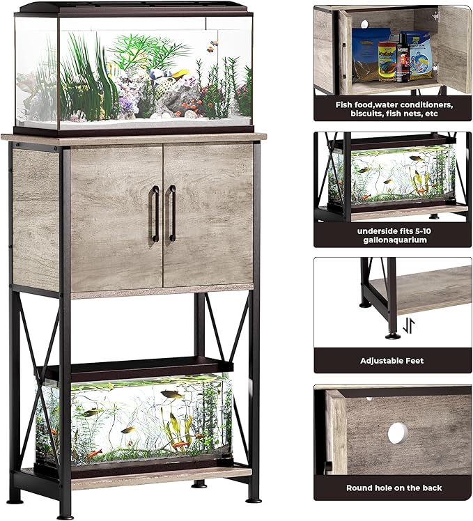 Herture 5-10 Gallon Fish Tank Stand, Metal Double Aquarium Stand with Cabinet for Fish Tank Accessories Storage, Heavy Duty 20.5" L* 11.02" W Tabletop, 500LBS Capacity Grey PG06YGZ