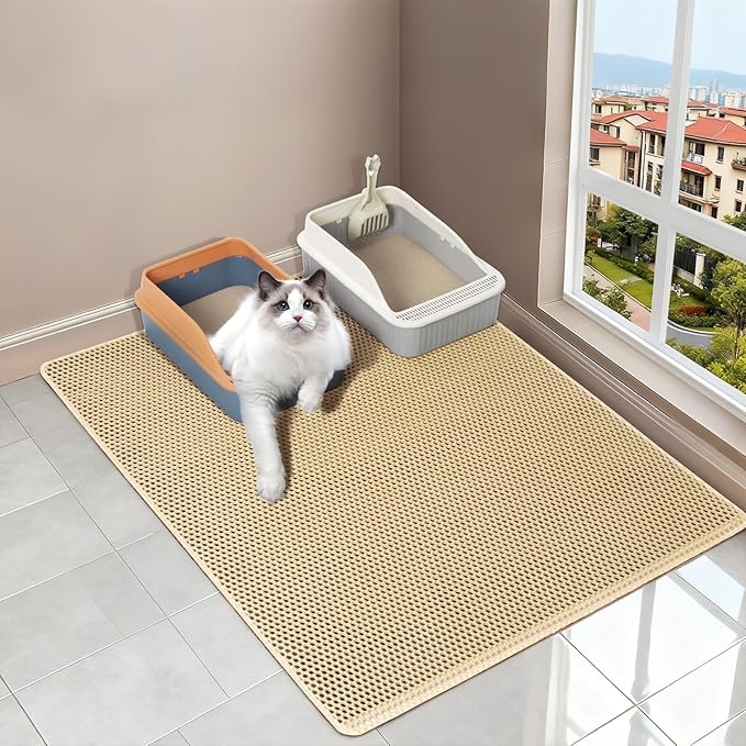 Large Cat litter Mat,XL 47x28 inch Litter Box Mat,Double Layer Litterbox Mat for Cat Rug,Non-Slip Waterproof,Easy Clean (Khaki)