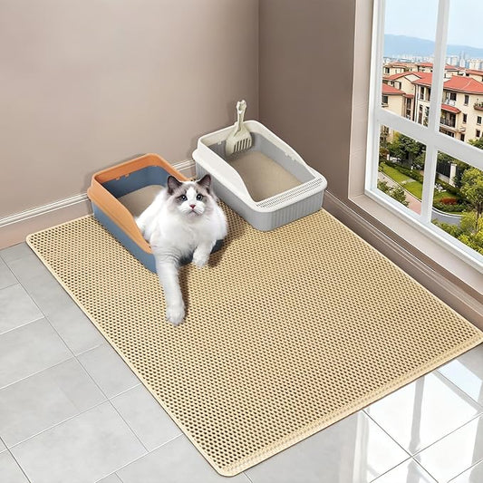 Large Cat litter Mat,XL 47x28 inch Litter Box Mat,Double Layer Litterbox Mat for Cat Rug,Non-Slip Waterproof,Easy Clean (Khaki)