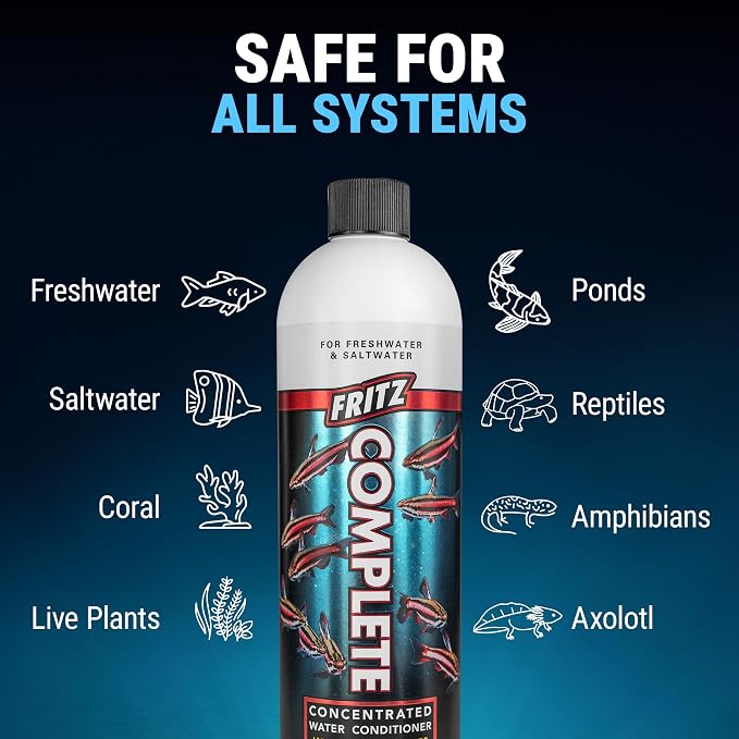 Fritz Aquatics Fritz Complete Water Conditioner/Dechlorinator Instantly Removes Chlorine & Chloramines/Detoxifies Nitrite & Nitrate for Fresh & Salt Water Aquariums (16-Ounce)