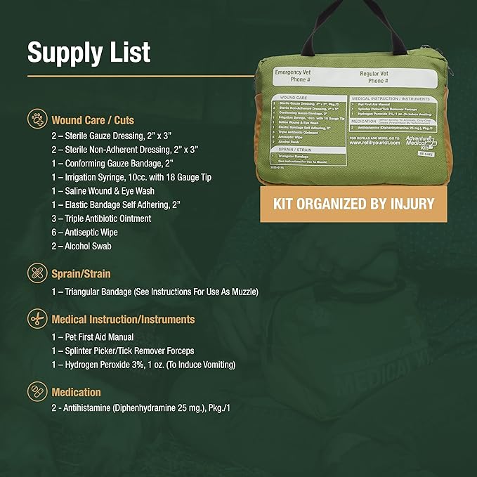 Adventure Medical Kits Trail Dog Medical Kit - Pet First Aid Kit with Dressings, Bandages, Instruction Manual & Tools - Lightweight, Compact Dog Safety Pack