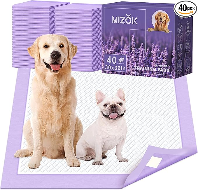 MIZOK Dog Pee Pads 30x36in, Pee Pads for Dogs XL Lavender Scented Odor Eliminating Super Absorbent Up to 10 Cups with 6-Layer Leak-Proof Quick-Dry Purple (40 Counts)